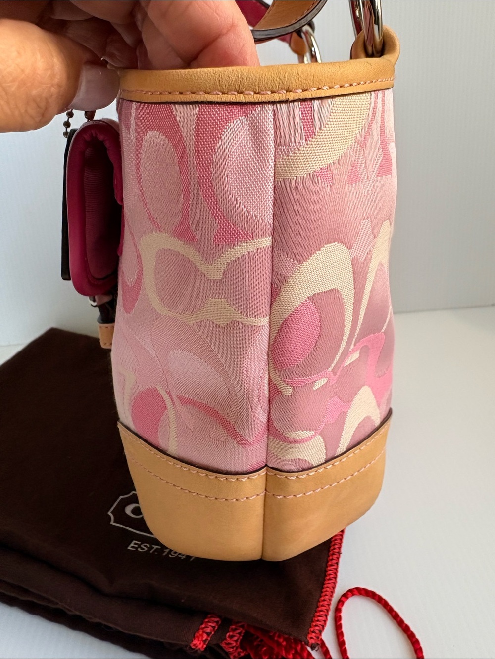 Vintage Coach Soho Y2K Pink Optic Signature Jacquard /Tan Leather EUC - Picture 11 of 16